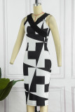 Black Red Street Print Patchwork V Neck Pencil Skirt Dresses