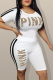 White Casual Print Letter O Neck Short Sleeve Two Pieces
