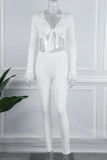 White Sexy Solid Patchwork Feathers V Neck Long Sleeve Two Pieces
