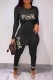 Black Casual Print Slit Letter O Neck Long Sleeve Two Pieces