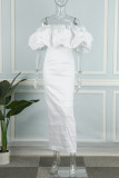 White Elegant Solid Patchwork Off the Shoulder Evening Dress Dresses