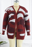 Red Casual Print Cardigan Plus Size Overcoat