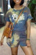 Fluorescent Yellow Casual Print Patchwork O Neck Short Sleeve Two Pieces
