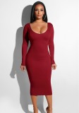 Wine Red ARMY Brief Cute O-Neck Long Sleeve Step skirt Middle length skirt Club Dresses