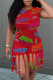 Red Street Print Tassel Patchwork O Neck Short Sleeve Two Pieces