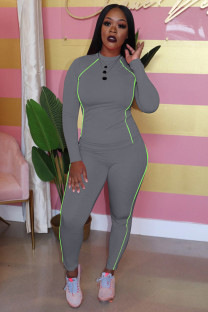 Grey adult Sexy Fashion Patchwork Two Piece Suits Solid Straight Long Sleeve