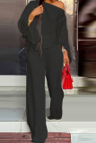 Black Street Solid Slit One Shoulder Long Sleeve Two Pieces