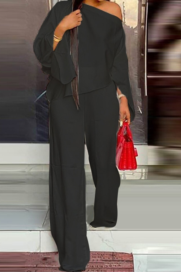 Black Street Solid Slit One Shoulder Long Sleeve Two Pieces