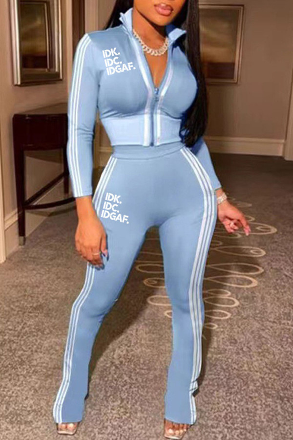 Light Blue Casual Print Patchwork Zipper Zipper Collar Long Sleeve Two Pieces