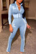 Light Blue Casual Print Patchwork Zipper Zipper Collar Long Sleeve Two Pieces