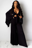 Black adult Sexy Fashion Solid Two Piece Suits ruffle Patchwork Flare sleeve Bandage Loose Long