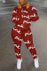Red Fashion Casual Print Basic Zipper Collar Long Sleeve Two Pieces