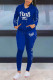 Blue Casual Letter Print Patchwork Hooded Collar Long Sleeve Two Pieces
