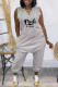 Grey Fashion Casual Letter Print Pocket V Neck Regular Jumpsuits