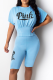Blue Casual Print Letter O Neck Short Sleeve Two Pieces