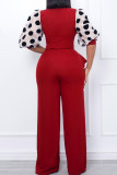 Red Casual Print Polka Dot Patchwork V Neck Straight Jumpsuits