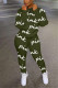Army Green Fashion Casual Print Basic Zipper Collar Long Sleeve Two Pieces
