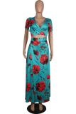 Dark Blue adult Street Fashion Two Piece Suits Patchwork Print Split Floral A-line skirt Short Sleev