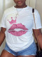 White Daily Vintage Lips Printed Patchwork O Neck T-Shirts