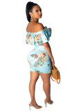 Blue adult Sexy Fashion ruffle Patchwork Two Piece Suits asymmetrical HOLLOWED OUT Print bow-kn