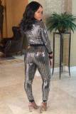 Silver adult Sexy Fashion Two Piece Suits Patchwork Sequin Straight Long Sleeve Two-piece Pants