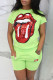 Green Casual Geometric Print Sequins Pocket O Neck Short Sleeve Two Pieces