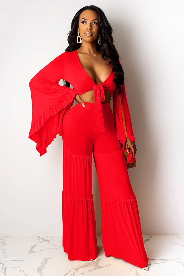 Red adult Sexy Fashion Solid Two Piece Suits ruffle Patchwork Flare sleeve Bandage Loose Long