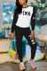 Black Street Print Patchwork O Neck Long Sleeve Two Pieces