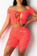 Pink Sexy Casual Letter Print Hollowed Out Strap Design O Neck Short Sleeve Two Pieces