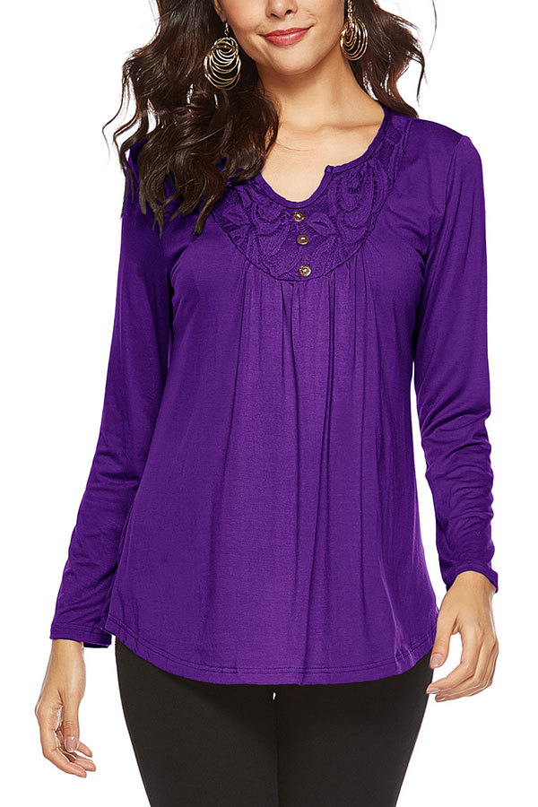 purple Asymmetrical Collar Long Sleeve lace Solid Long Sleeve Tops