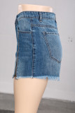 Blue Black Blue Denim Zipper Fly Mid Solid washing Old Zippered Straight shorts Bottoms
