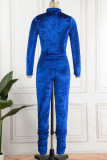 Deep Blue Casual Solid Patchwork Zipper Collar Long Sleeve Two Pieces