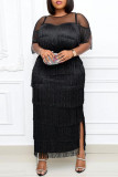Blue Sexy Formal Solid Tassel Patchwork See-through O Neck Short Sleeve Dress Dresses