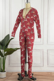 Red Casual Living Print Patchwork V Neck Regular Jumpsuits
