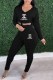 Black Casual Print Letter Hooded Collar Long Sleeve Two Pieces