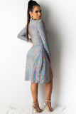 Silver Blend England Cap Sleeve Long Sleeves V Neck Swagger Knee-Length Geometric Patchwork Club Dr