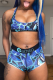 Blue Casual Print Patchwork U Neck Sleeveless Two Pieces