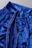 Deep Blue Casual Solid Patchwork Zipper Collar Long Sleeve Two Pieces