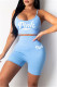 Lake Blue Sexy Casual Letter Print Backless Spaghetti Strap Sleeveless Two Pieces