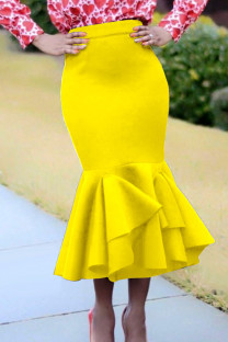 Yellow Elegant Solid Patchwork Flounce High Waist Straight Solid Color Bottoms