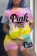 Pink Street Gradual Change Printing O Neck Short Sleeve Two Pieces