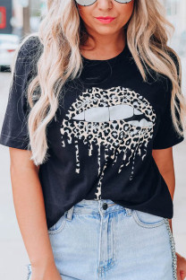 Black O Neck Short Sleeve Leopard Patchwork Print Lips Print Tops