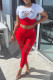 Red Fashion Casual Letter Print Ripped Patchwork O Neck Short Sleeve Two Pieces