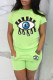 Fluorescent Green Casual Geometric Print Sequins Pocket O Neck Short Sleeve Two Pieces