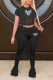 Black Sexy Casual Letter Print Patchwork See-through O Neck Short Sleeve Two Pieces