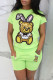 Grass Green Casual Geometric Print Sequins Pocket O Neck Short Sleeve Two Pieces