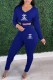 Blue Casual Print Letter Hooded Collar Long Sleeve Two Pieces