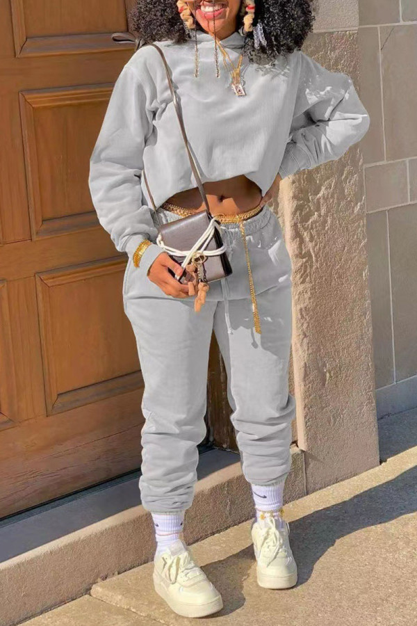 Grey Casual Sportswear Solid Patchwork Hooded Collar Long Sleeve Two Pieces