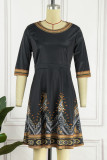 Red Casual Print Patchwork O Neck A Line Dresses