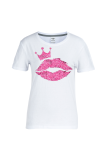 Navy Blue Daily Vintage Lips Printed Patchwork O Neck T-Shirts